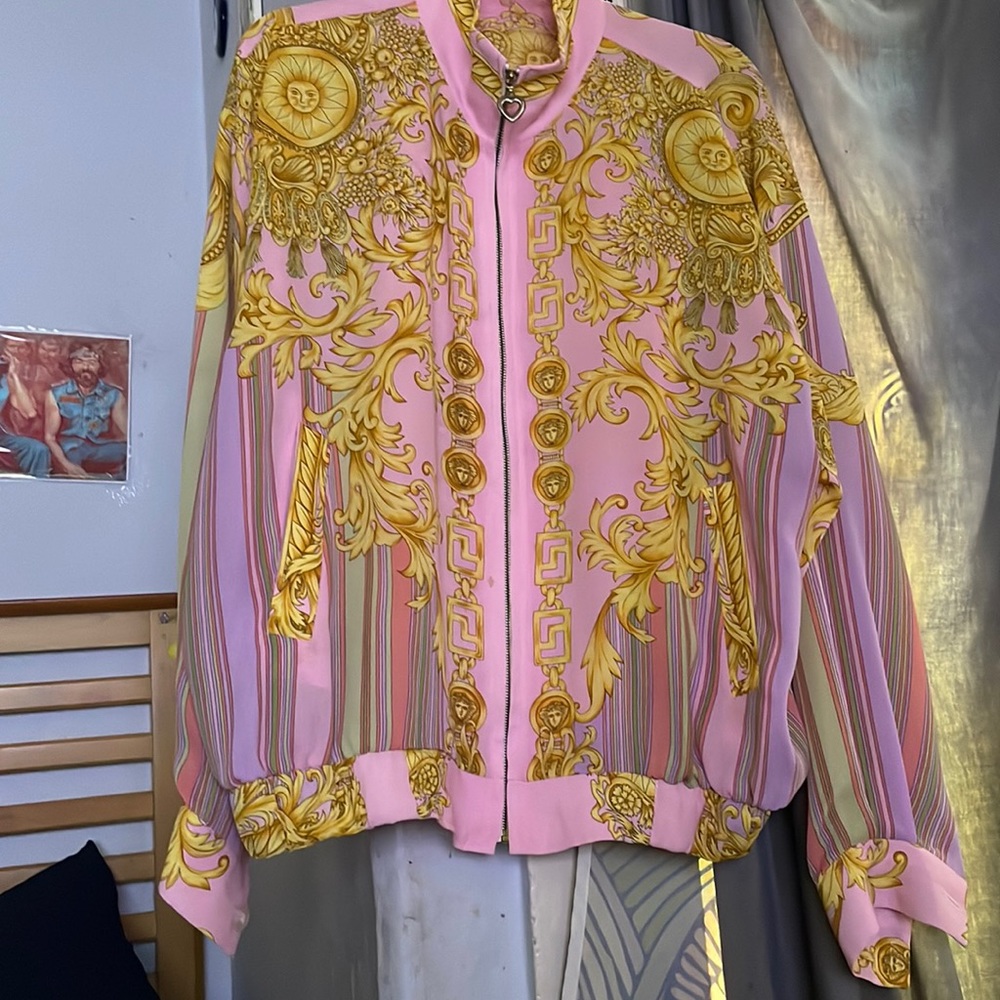 COPY - Mint Condition Faux Versace Rover Blouse Gold,Pink Rover Style ZipUp Lon…